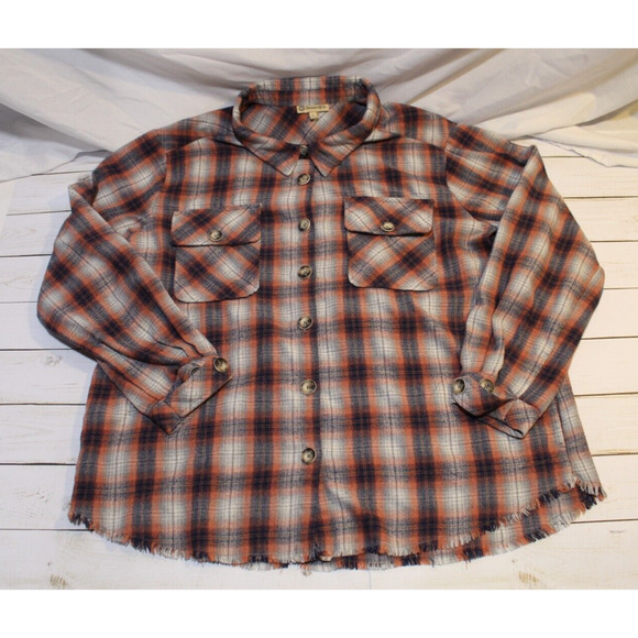 Democracy Women's L Red Blue Plaid Button-up Flannel Raw Hem Pockets LS Cowgirl - Picture 5 of 15